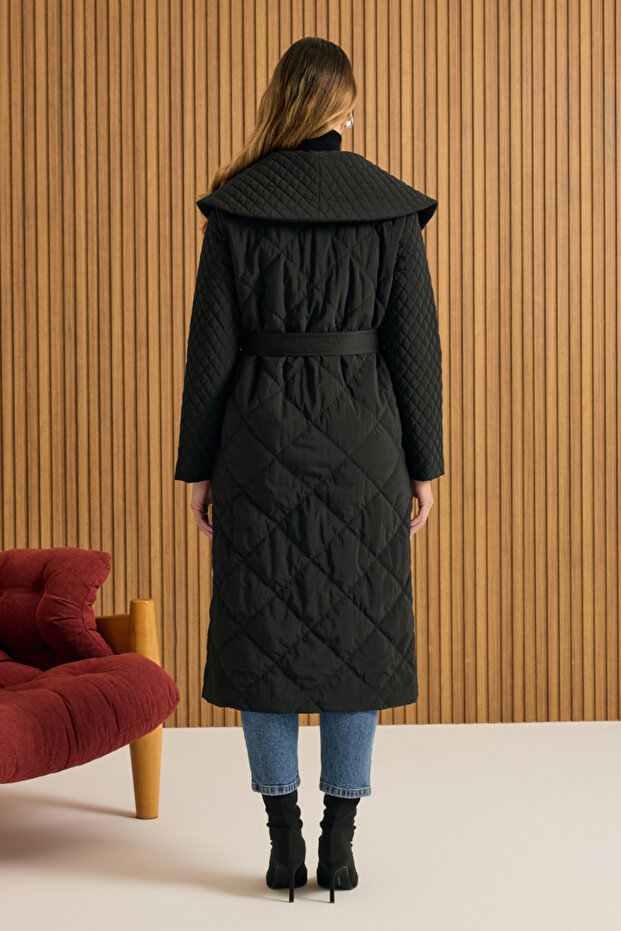 Şal Yaka Kapitone Mont - 6