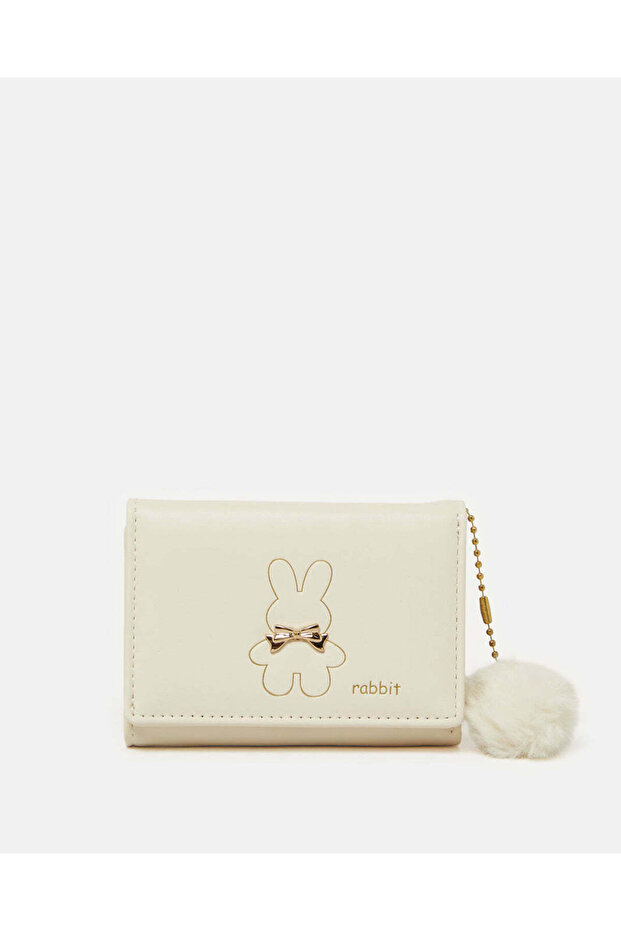 Girls Beige Rabbit Wallet With Pompom