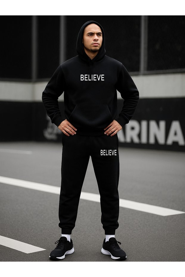 Men's Black Hooded Tracksuit Set Believe