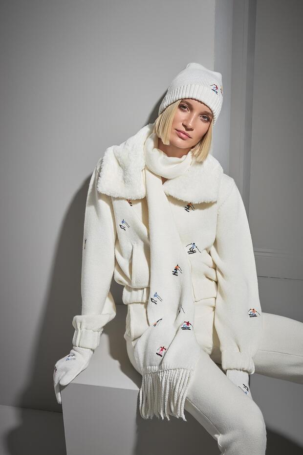 Nakış Figürlü Ekru Triko Eldiven - 4