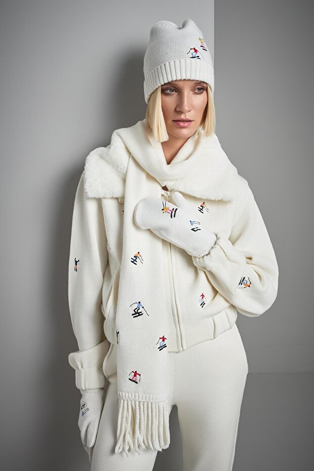 Nakış Figürlü Ekru Triko Eldiven - 1