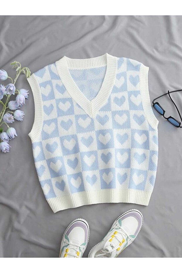 V-Neck Cotton Sweater with Hearts Sweater with Hearts