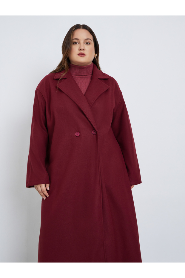Plus Size Regular Fit Wool Like Buttoned Coat - 3