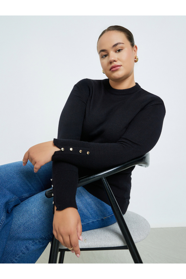 Plus Size Black Button-Detail Sweater