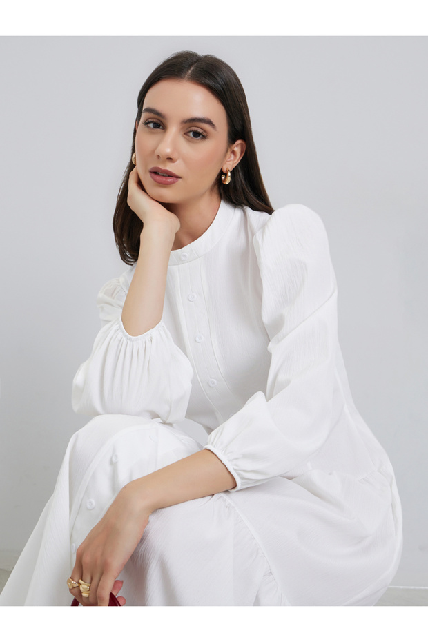White Puff Sleeve Button Midi Dress