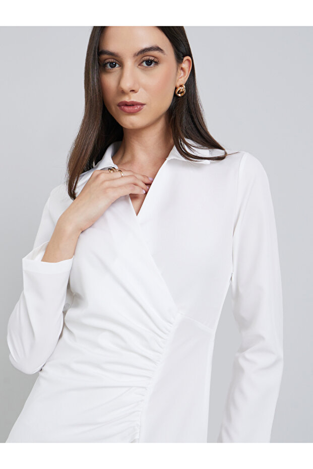 فستان متوسط الطول أبيض سادة بقصة A - 4