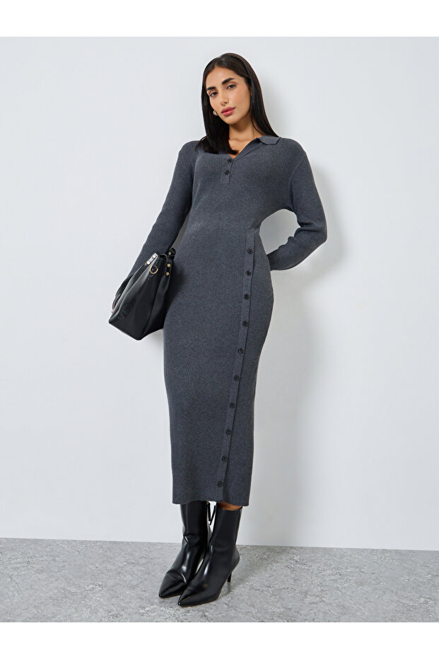 Grey Ribbed Knit Sweater Midi Dress