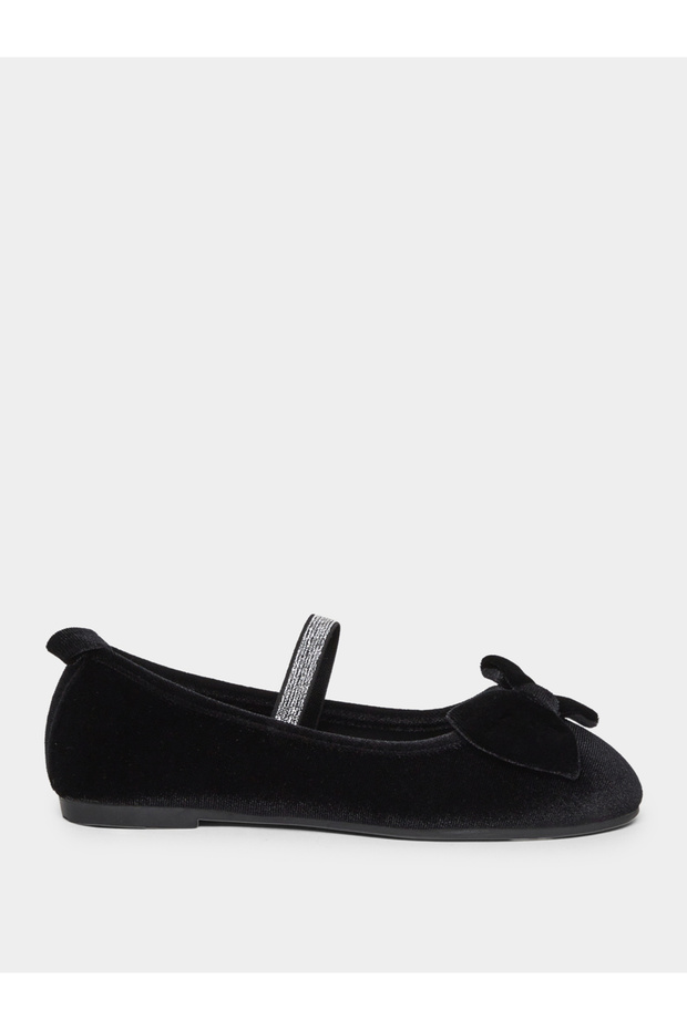 Girls Black Velvet Look Ballerinas with Bow