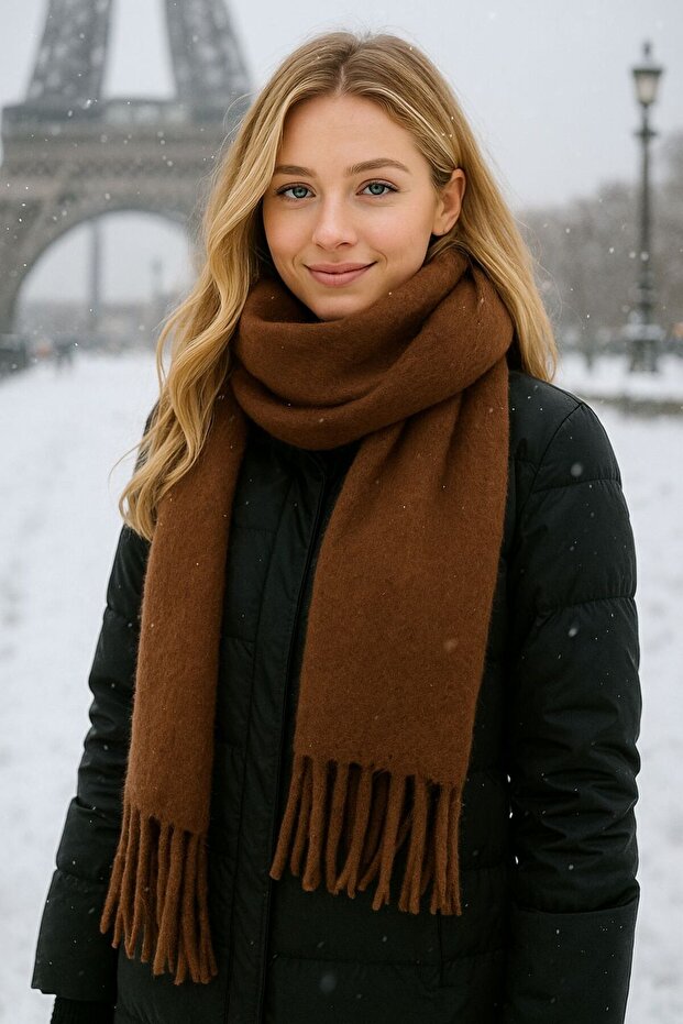 Camel Soft Textured Thick Wool Puff Women's Scarf 200X40 cm