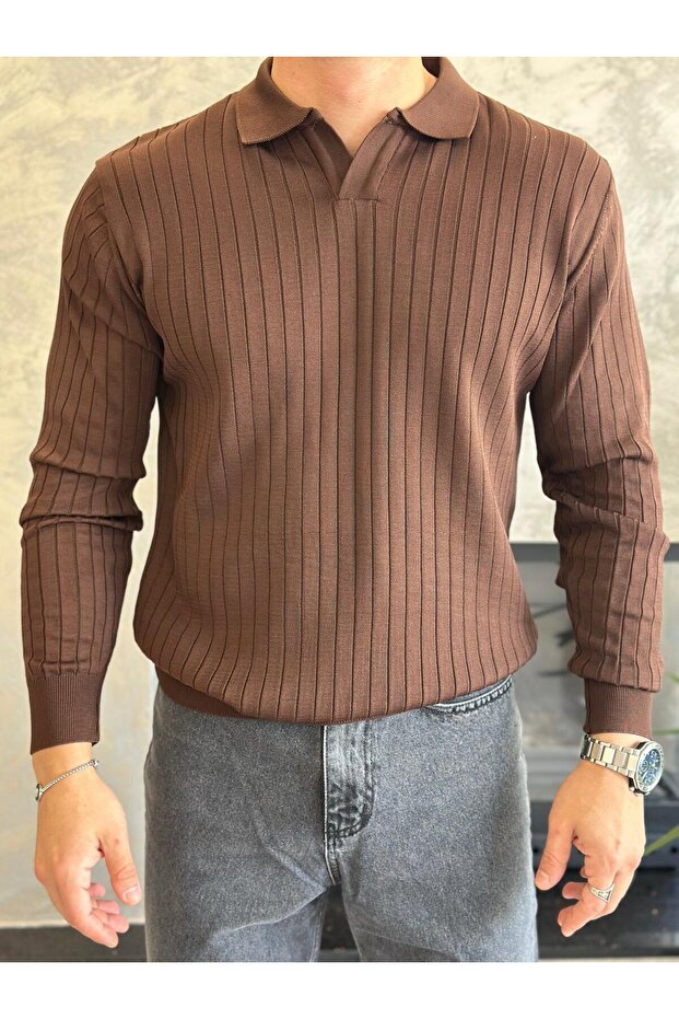 Men's Regular Fit Polo Neck Corded Fabric Knitwear Sweater Bitter Brown Eca046