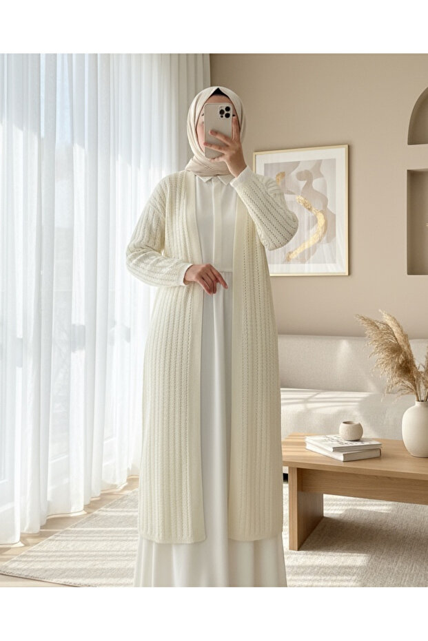 سترة طويلة بنمط محبوك شق - أبيض - 1