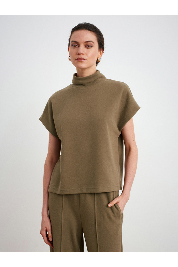 32148 Dik Yaka Örme Top-Açık Haki - 2