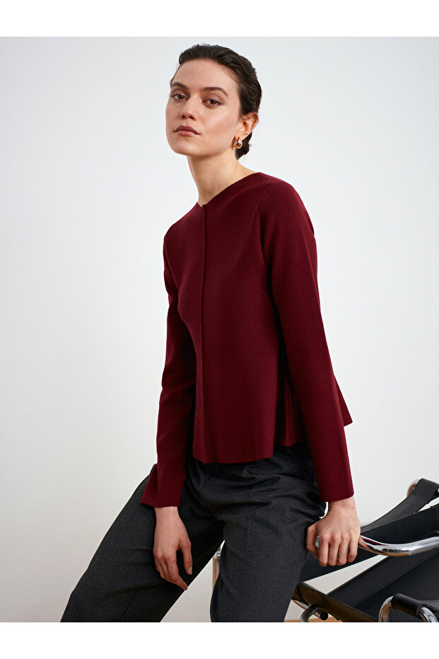 10824 Crew Neck Peplum Knitwear Top-Dark Burgundy