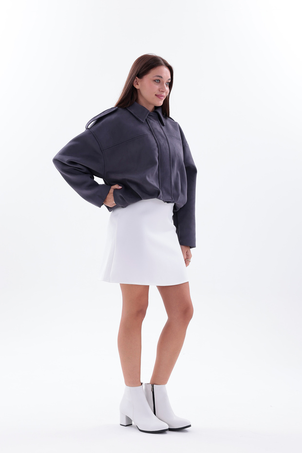 Oversize Dark Gray Suede Bomber Jacket - 5