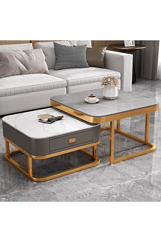 Light luxury modern simple round small apartment coffee table rock plate 70cm Grey&White