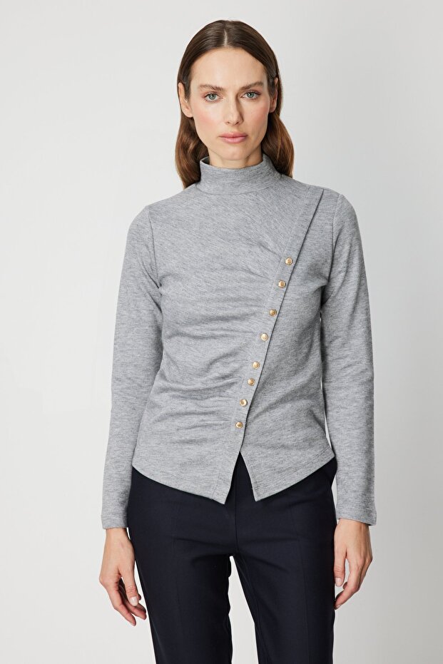 Drapeli Süs Düğmeli Bluz - 1