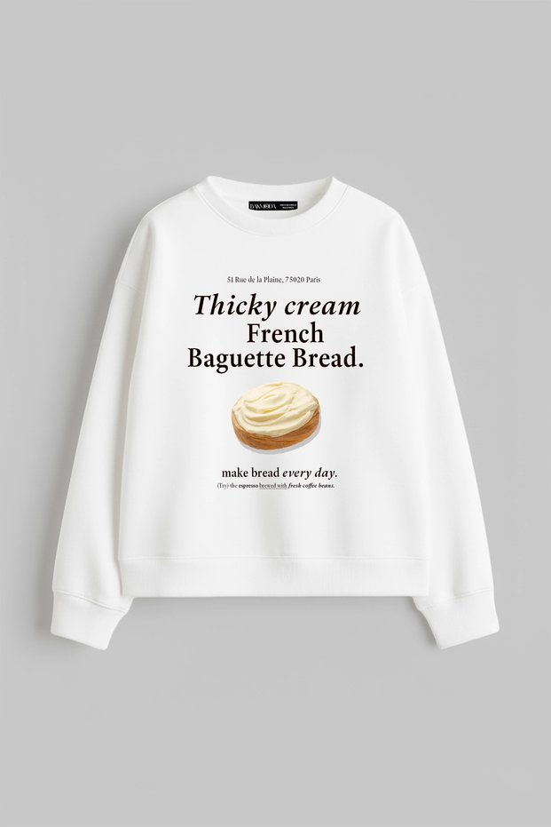 Baguette Bread Printed Hoodless Relaxed Fit Women's White Sweatshirt