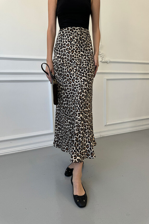 Fusta Midi din Satin Leopard Bej - 2