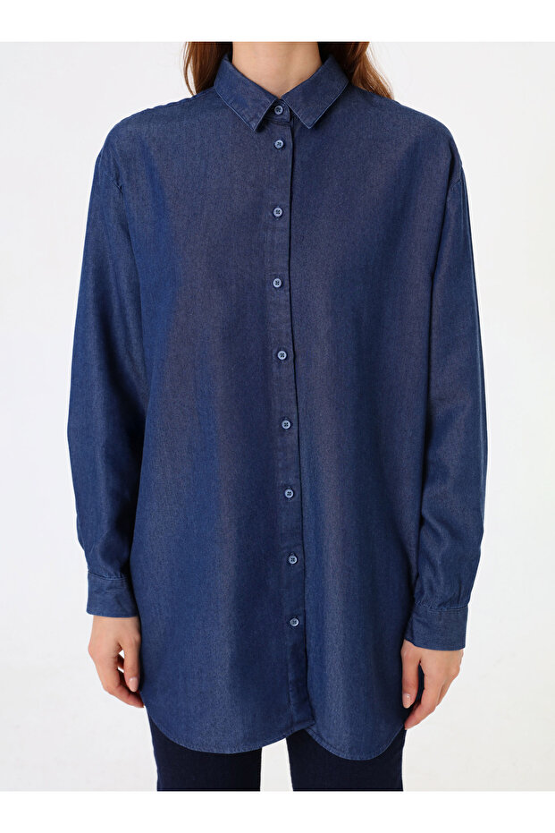 Denim Kumaşlı Basic Bluz/Gömlek - İndigo - - 2
