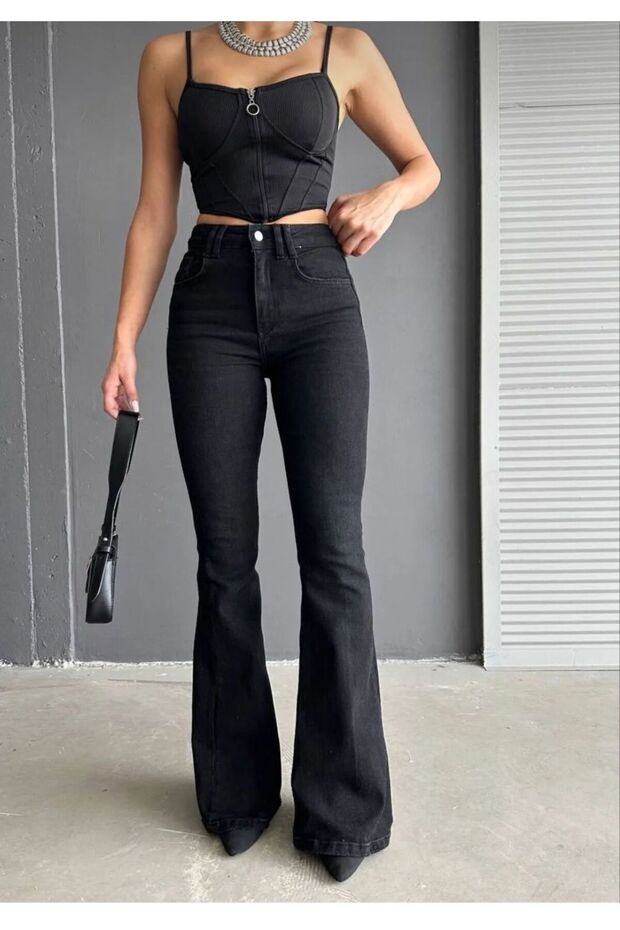 Black High Waist Stretch Fabric Flared Jeans (SIZE GUIDE IS IN THE IMAGE)