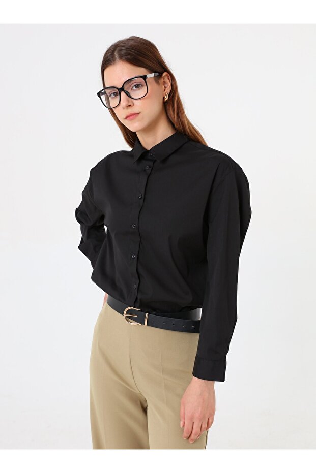 Poplin Kumaşlı Basic Bluz / Gömlek - Siyah - - 1