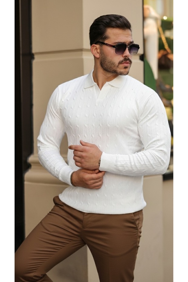 Men's Hair Braid Pattern Long Sleeve Knitwear Polo Neck Sweater, Stylish and Modern Design