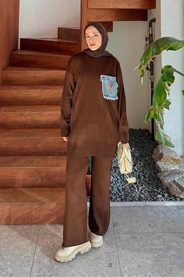 Pocket Detailed Knitwear Set Bitter Brown