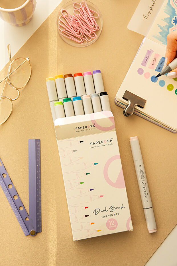 12’li Çift Uçlu Alkol Bazlı Marker Kalem Seti – Brush + Chisel - 1