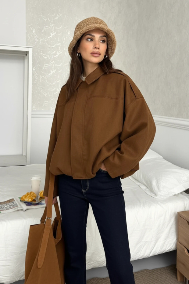 Basic Crop Gömlek Ceket (Shacket) Camel Basic, Crop, Gömlek - 1