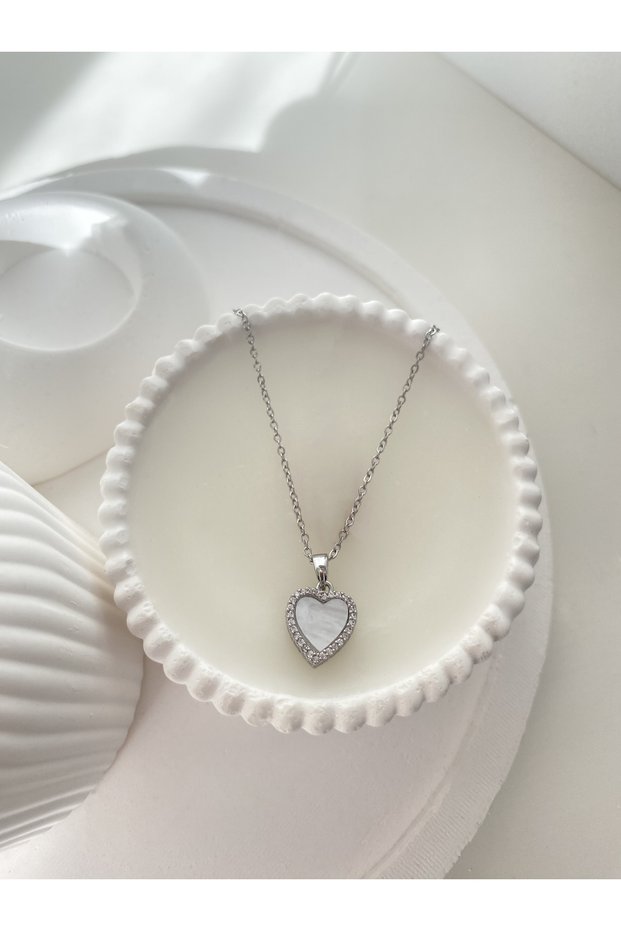 Stone and Mother-Of-Pearl Steel Heart Necklace
