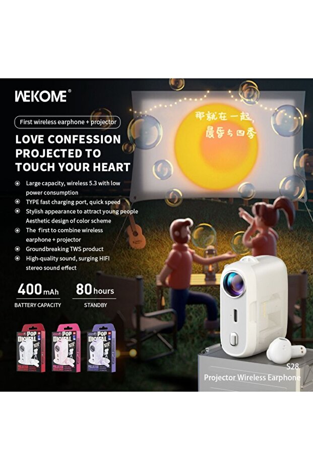 S28 Pop Digital Projector Wireless Earbuds with Mini Slide Projector, Bluetooth V5.3,
