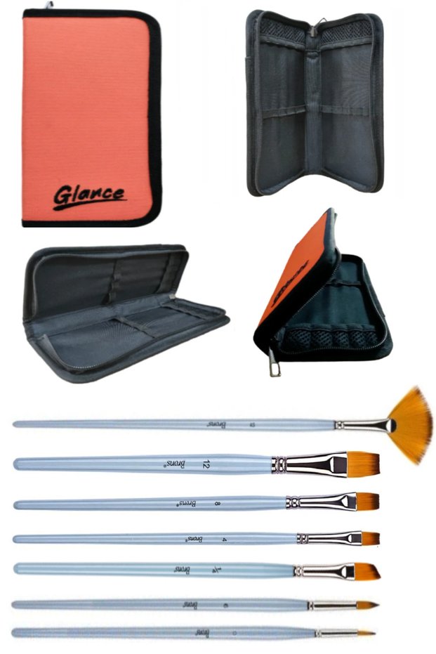 Orange Kalemlk Brush Holder 12-Compartment Bagged Brons Oil Paint and Acrylic Brush Synthetic 7-Piece Set
