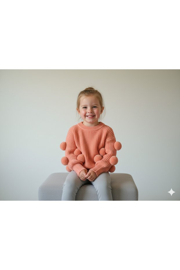 New Season Pompom Sleeve Detailed Crew Neck Baby Girl & Kids Sweater (2-8 Years)