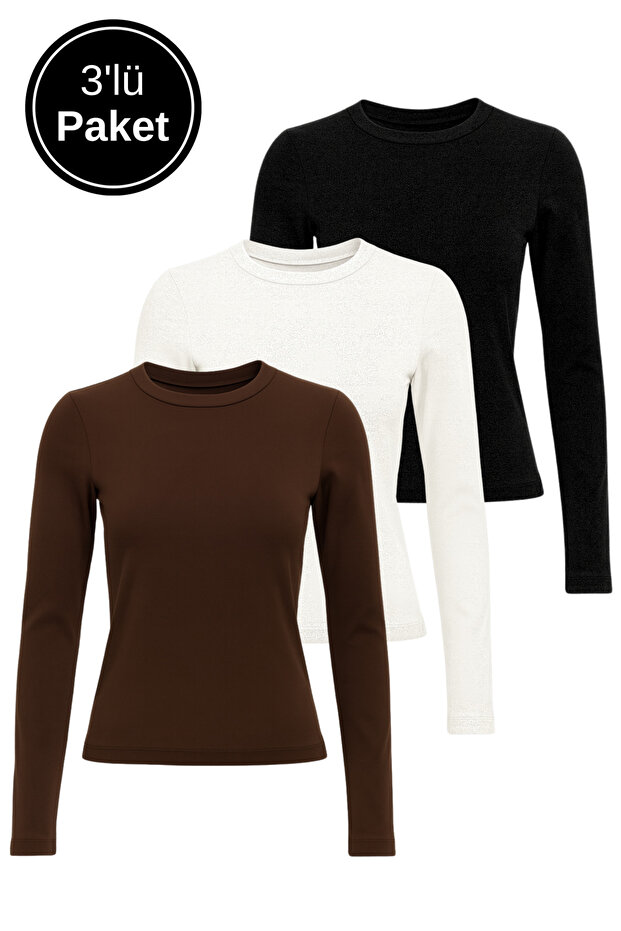 Women's Black-White-Brown 3-Pack Crew Neck Fitted Long Sleeve Crop Bodysuit