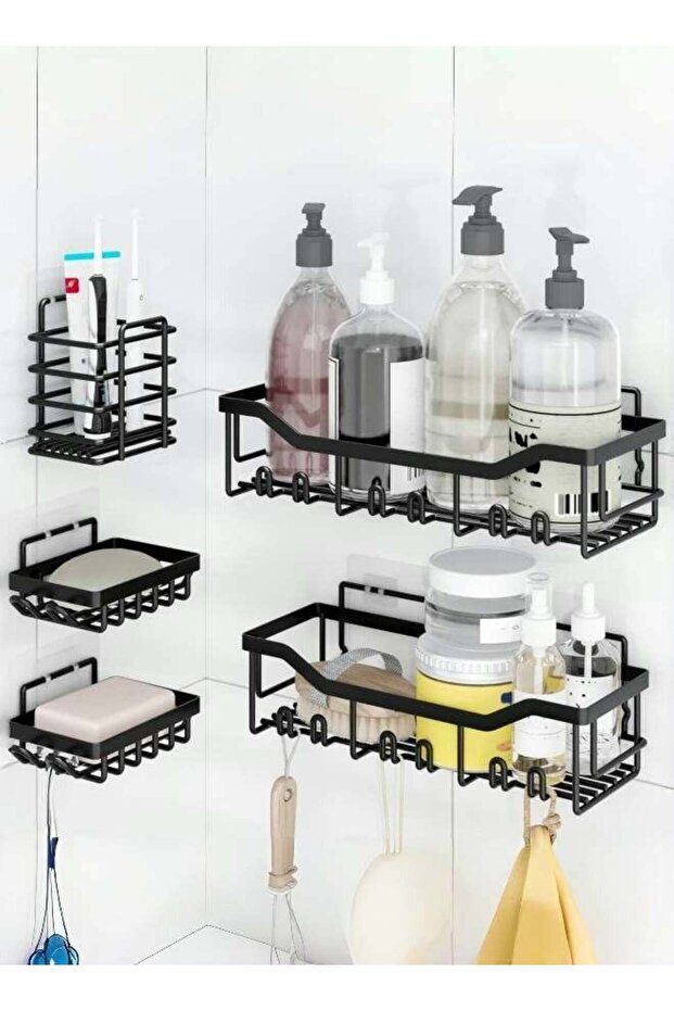 5 Pcs Rustproof Stainless Steel Shower Caddy Set,No Drill Adhesive Bathroom Organizer, Space Saving