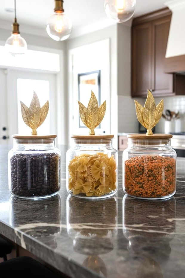 Set of 3 Glass Jars with Bamboo Lids and Metal Leaf Figures - Storage Container 635Cc