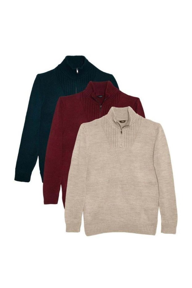 Men's 3-Pack Emerald Green-Burgundy-Green Slim Fit Slim Fit Zip-Up Mock Neck Sweater Sweater