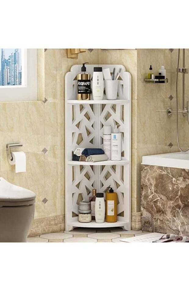 White Bathroom Corner Shelf – Waterproof Freestanding Storage Organizer for Small Spaces, Toilet Pa