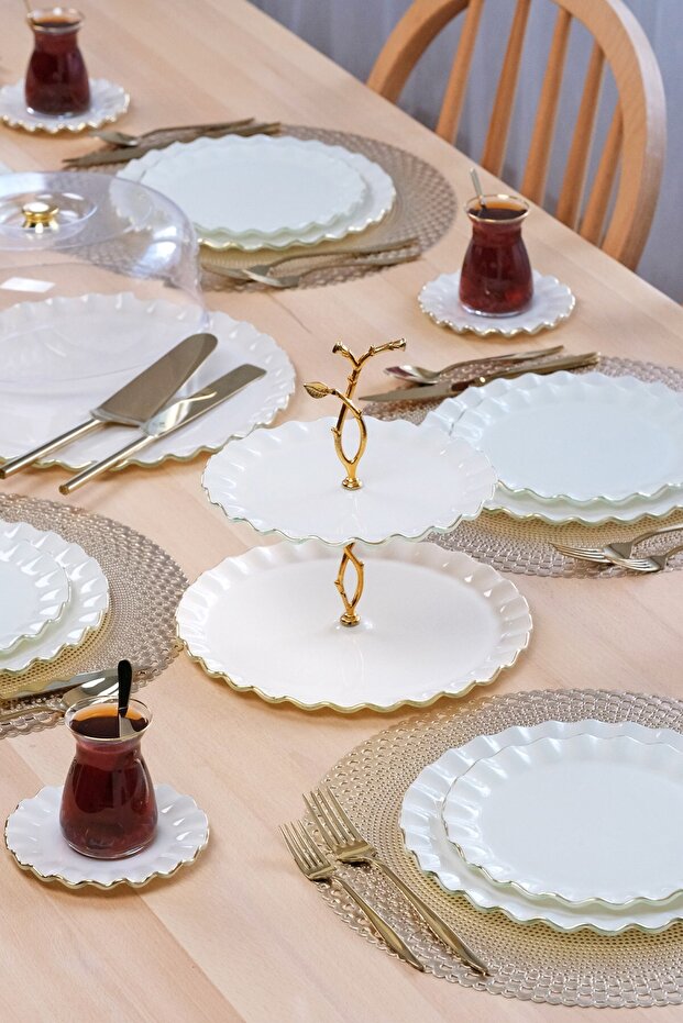 Solid Krem Wavy Altın 34 Parça Tea Time - 1