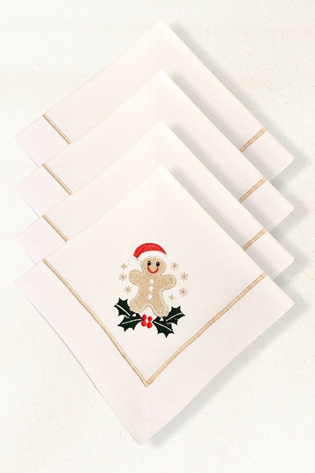 Cookie Embroidered Stain Resistant Fabric Napkin Set (4 Pieces) – 45X45 cm | Christmas Tableware Set
