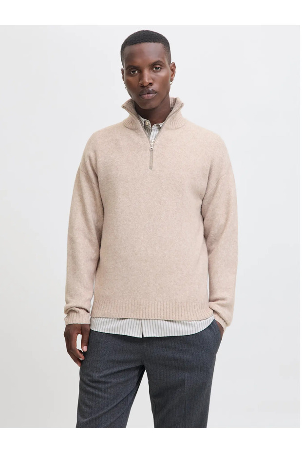 Men's Half Zipper Mock Neck Beige Knitted Sweater - 12278937