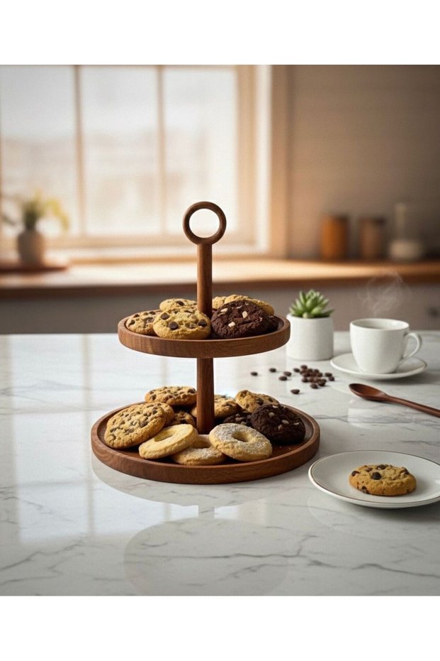 Acacia Wood 2-Tier Serving Tray Natural Wood Serving Stand for Cookies, Breakfast, Snack & Treats Presentation