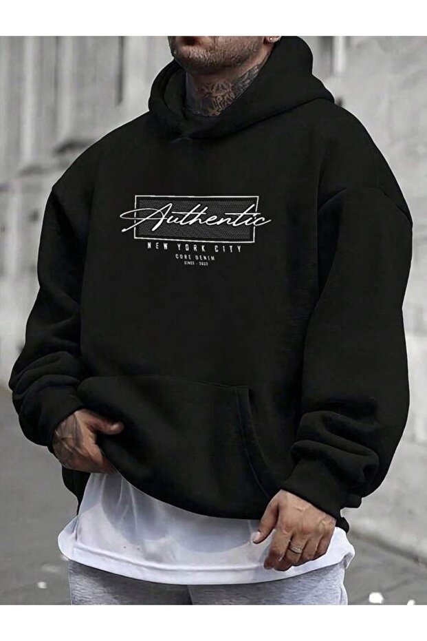 Authentic New York City Printed Unisex Black Oversized Hooded Hoodie