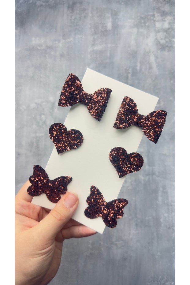 Bitter Brown Stella Glitter Bow Heart Butterfly (Metal 5cm /3Cm with Clip 6-Piece Set)