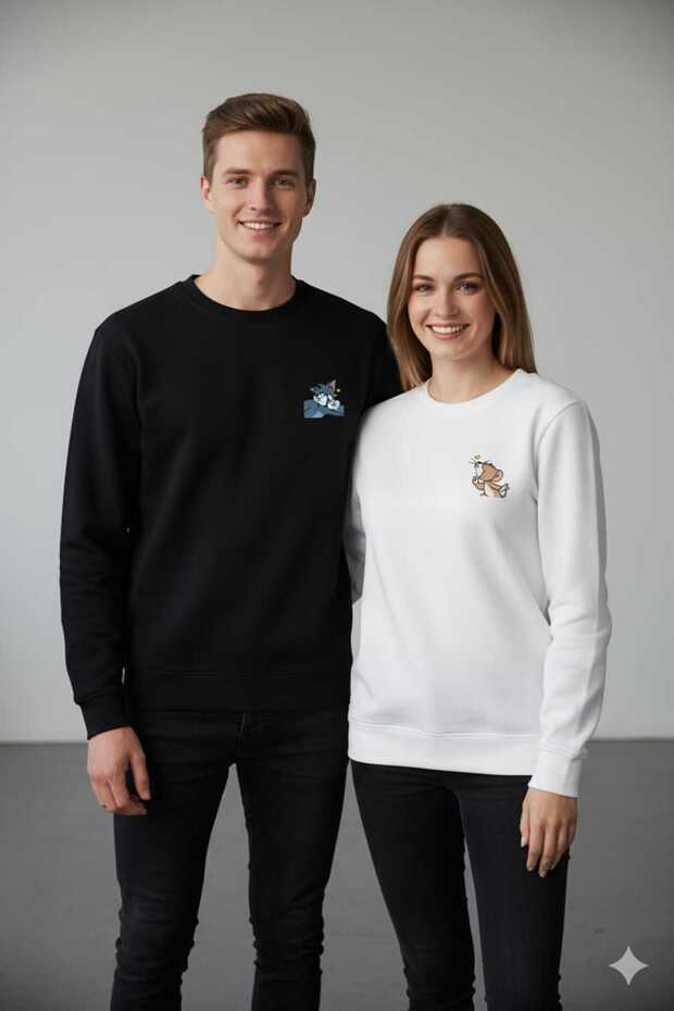 White Couple Lover Combination Tom&Jerry Kiss Printed Crew Neck Sweatshirt