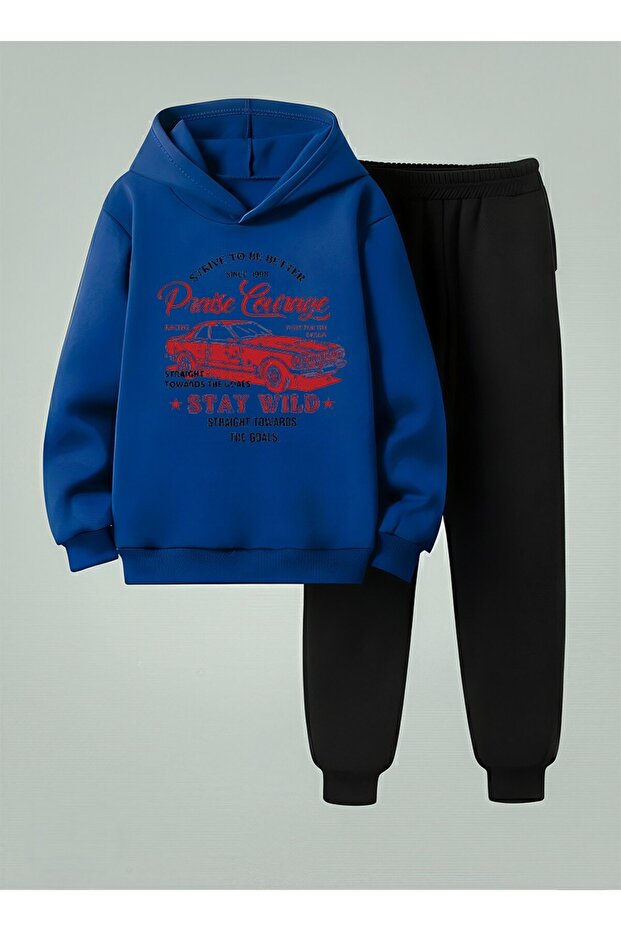 Boy's Hooded Set Strive to Be Car Printed 3 Thread Ş Fleece-Lined Sweatshirt - Tracksuit Set