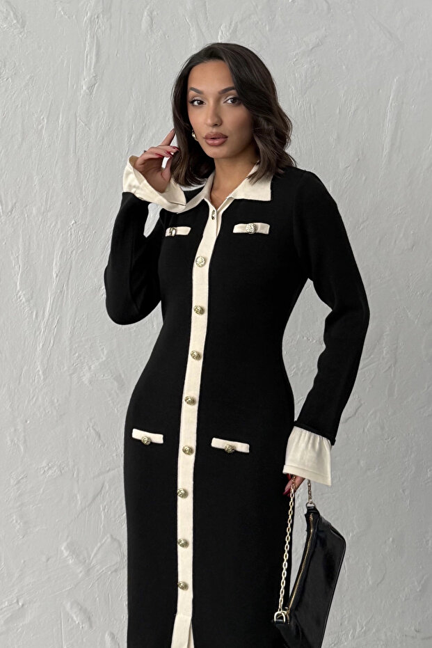 Women's Black Stylish Button and Sleeve Detailed Knit Dress