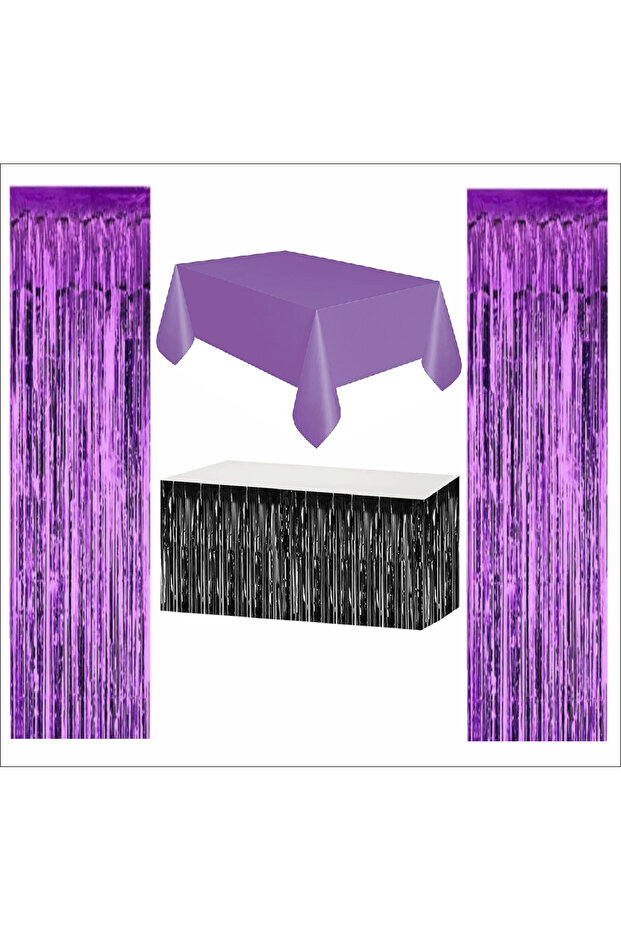 Purple Tablecloth, Black Table Skirt, 2 Purple Backdrops