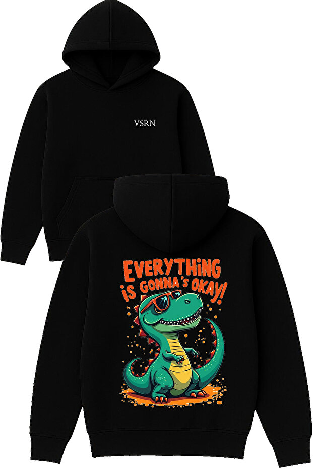 Everything Tasarım Printed Oversized Black Hooded Sweatshirt
