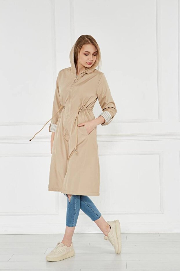 Women's Mink Hooded Raincoat Trench Coat Transitional Adjustable Waist Hijab – Sports & Casual Cap